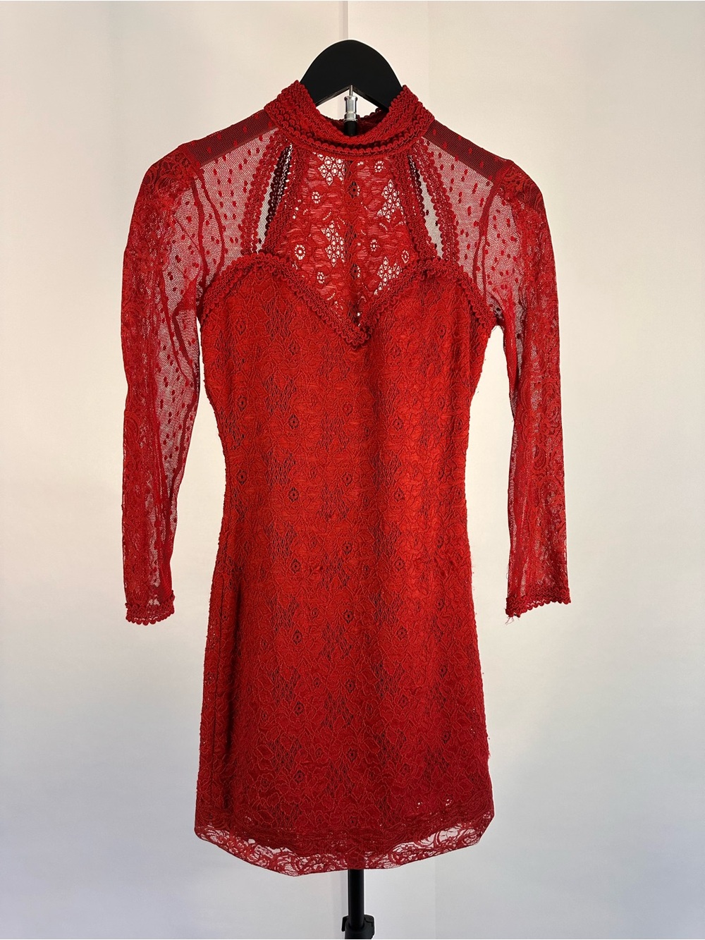 Red Lace High-Neck Mini Dress with Sheer Sleeves